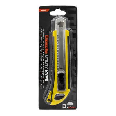 Kniv med Non-Slip gummigreb, 18 mm knivblad, Autolås og magasin med lås og 2 ekstra knivblade